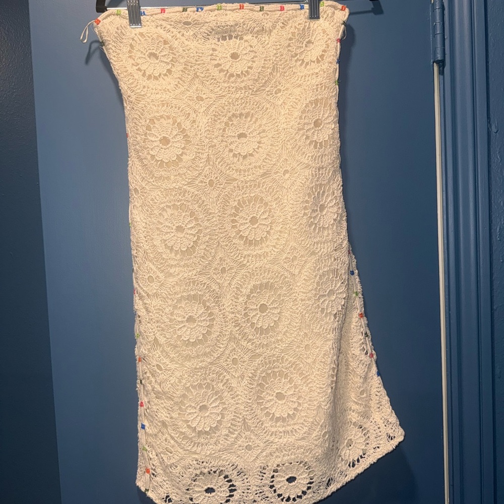 White Crochet Strapless Dress